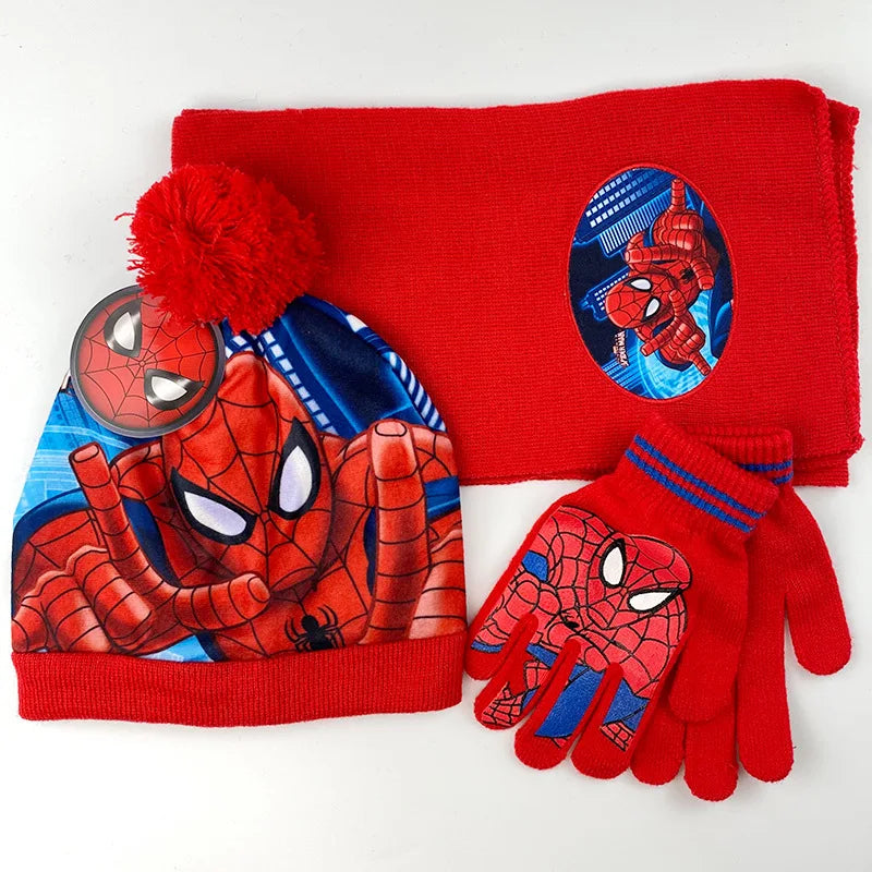 3 uds Anime nuevo Spiderman Otoño Invierno niños sombrero bufanda guantes dibujos animados cálido gorro de punto niño niña gorra 3-8Y regalos para niños