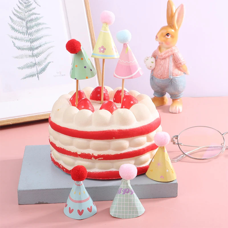 Sombrero de cumpleaños de casa de muñecas de 10 piezas, sombrero de Papá Noel y pastel de cumpleaños, inserto para hornear, Mini sombreros de casa de muñecas, adornos de pastel de feliz cumpleaños