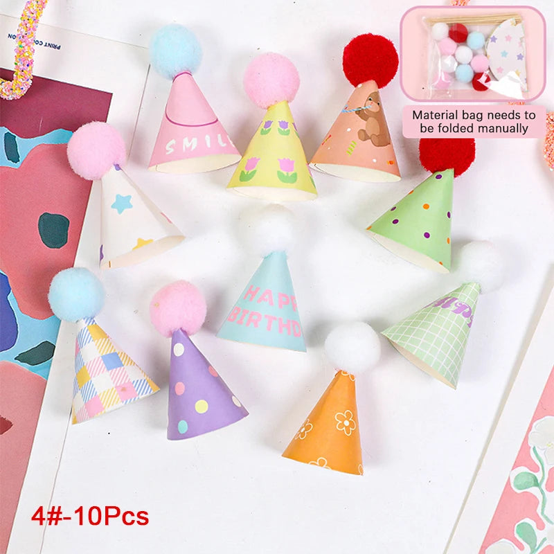 Sombrero de cumpleaños de casa de muñecas de 10 piezas, sombrero de Papá Noel y pastel de cumpleaños, inserto para hornear, Mini sombreros de casa de muñecas, adornos de pastel de feliz cumpleaños