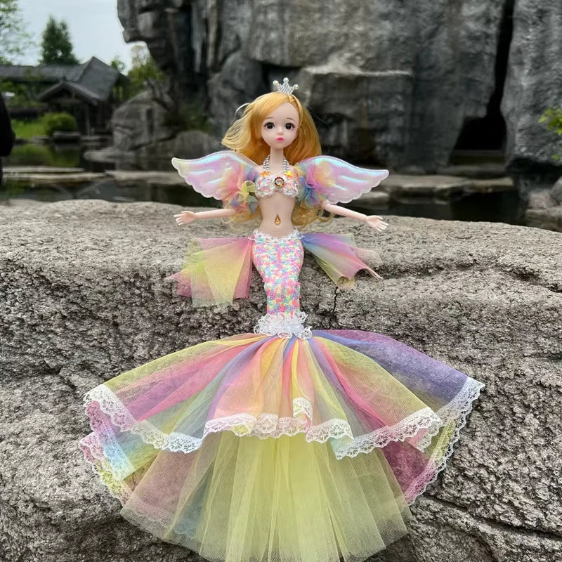Muñeca de princesa sirena exquisita de 45cm, muñeca BJD de sirena a la moda con ropa de arcoíris, juguetes de regalo de cumpleaños y Navidad para niñas