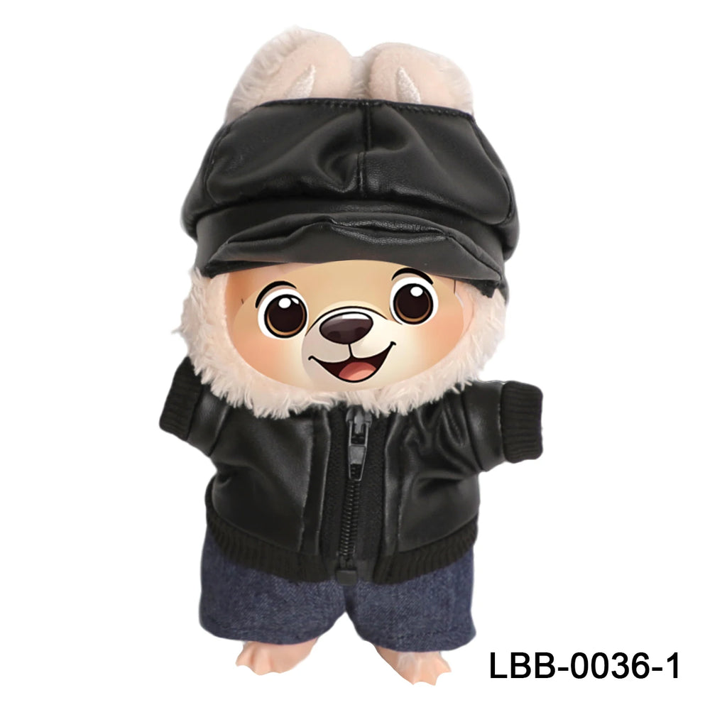 Para muñecas Labubu de 17cm, chaqueta de cuero negro + pantalones vaqueros + sombrero, traje, ropa Punk bonita para V1 V2 V3 Labubu, juguete de muñeca de algodón
