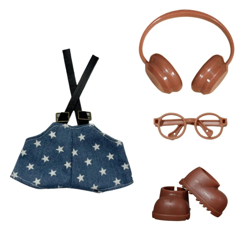Accesorios de ropa para muñecas Labubu Mini de 17cm, bonitos pantalones con tirantes/auriculares/zapatos/gafas, vestido para muñecas, regalos para festivales, 4 unidades por juego