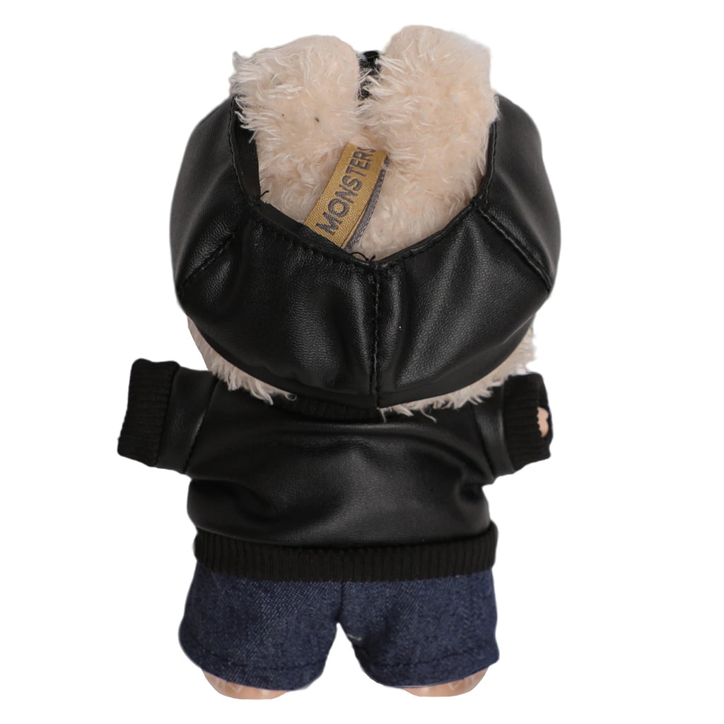 Para muñecas Labubu de 17cm, chaqueta de cuero negro + pantalones vaqueros + sombrero, traje, ropa Punk bonita para V1 V2 V3 Labubu, juguete de muñeca de algodón