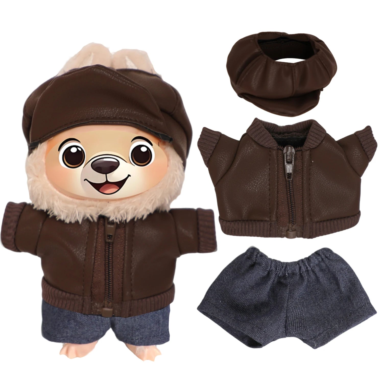 Para muñecas Labubu de 17cm, chaqueta de cuero negro + pantalones vaqueros + sombrero, traje, ropa Punk bonita para V1 V2 V3 Labubu, juguete de muñeca de algodón