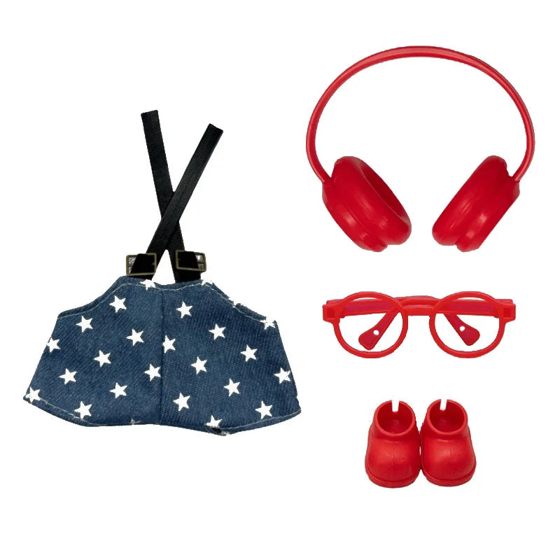 Accesorios de ropa para muñecas Labubu Mini de 17cm, bonitos pantalones con tirantes/auriculares/zapatos/gafas, vestido para muñecas, regalos para festivales, 4 unidades por juego
