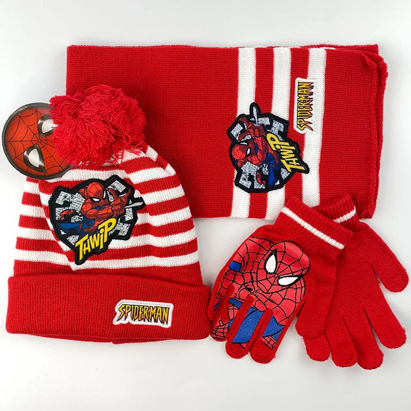 3 uds Anime nuevo Spiderman Otoño Invierno niños sombrero bufanda guantes dibujos animados cálido gorro de punto niño niña gorra 3-8Y regalos para niños