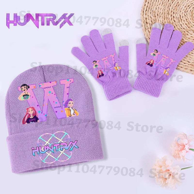 Guantes Kpop Demon Hunters, gorro tejido, traje para niñas, gorros tejidos con estampado de letras, conjunto de mitones, accesorios cálidos de invierno para niños, 2 uds.