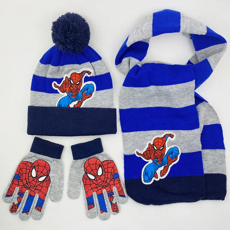 3 uds Anime nuevo Spiderman Otoño Invierno niños sombrero bufanda guantes dibujos animados cálido gorro de punto niño niña gorra 3-8Y regalos para niños