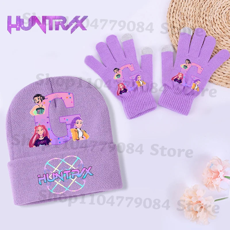 Guantes Kpop Demon Hunters, gorro tejido, traje para niñas, gorros tejidos con estampado de letras, conjunto de mitones, accesorios cálidos de invierno para niños, 2 uds.