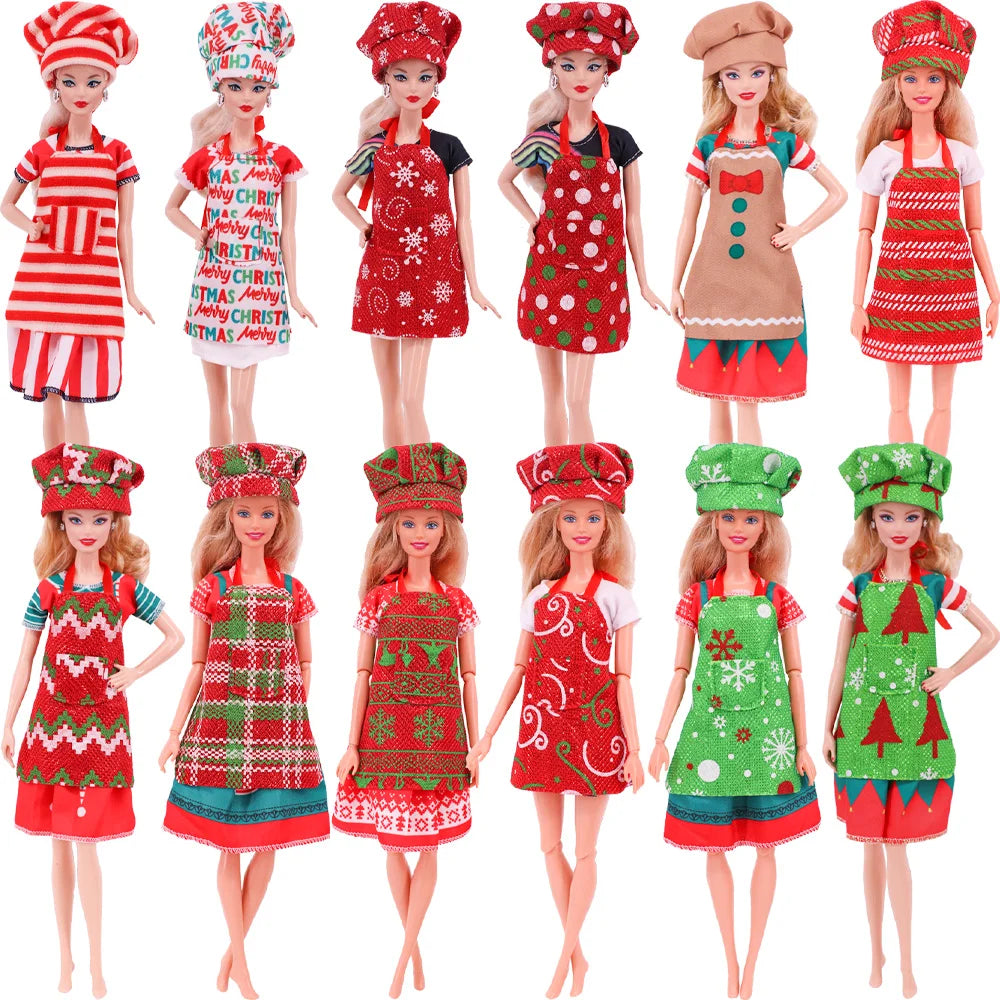 Delantal con estampado de muñeca Pop, sombrero de Chef, estilo de patrón navideño para muñecas Bjd 1/6 y accesorios para muñecas navideñas de espíritu de 30Cm, juguetes para niñas